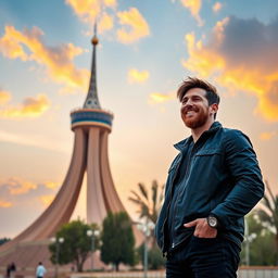 Lionel Messi standing proudly next to the Azadi Tower in Tehran, Iran, with a vibrant sunset sky in the background, showcasing the beautiful architecture of the tower