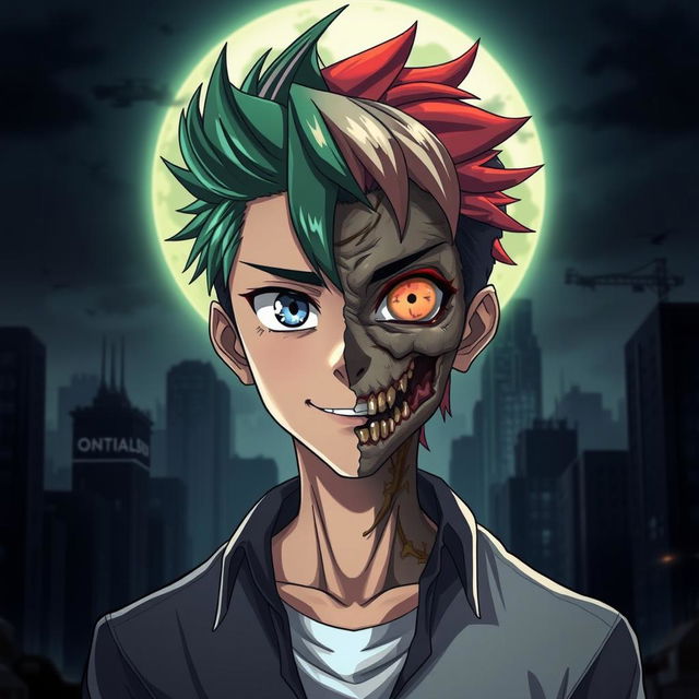 An anime man with a striking face that is half zombie and half human