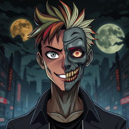 An anime man with a striking face that is half zombie and half human