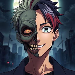 An anime man with a striking face that is half zombie and half human