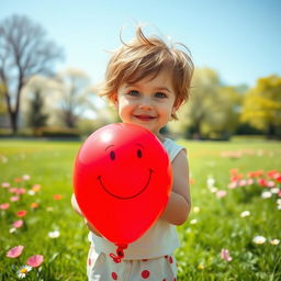 A realistic portrayal of a child in a vibrant outdoor setting, holding a colorful balloon with a drawn smiling face