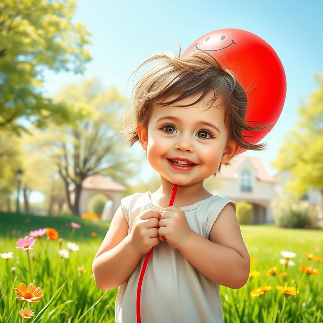 A realistic portrayal of a child in a vibrant outdoor setting, holding a colorful balloon with a drawn smiling face