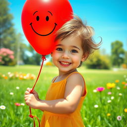 A realistic portrayal of a child in a vibrant outdoor setting, holding a colorful balloon with a drawn smiling face