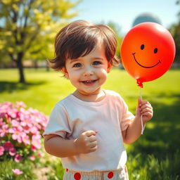A realistic portrayal of a child in a vibrant outdoor setting, holding a colorful balloon with a drawn smiling face