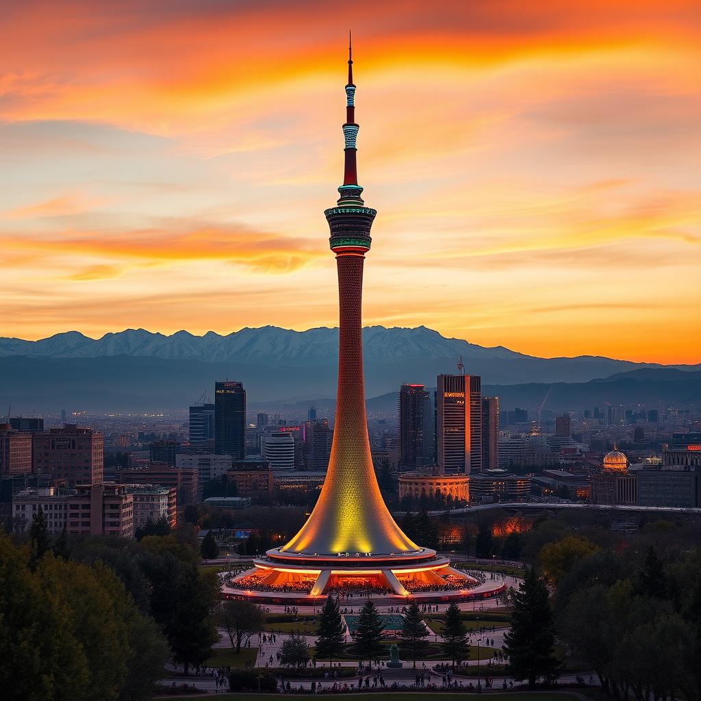 A stunning view of the Milad Tower in Tehran, surrounded by a vibrant city skyline at sunset