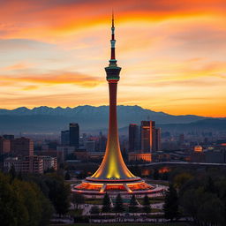 A stunning view of the Milad Tower in Tehran, surrounded by a vibrant city skyline at sunset