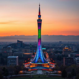 A stunning view of the Milad Tower in Tehran, surrounded by a vibrant city skyline at sunset