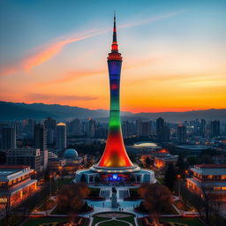 A stunning view of the Milad Tower in Tehran, surrounded by a vibrant city skyline at sunset
