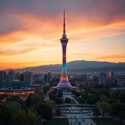 A stunning view of the Milad Tower in Tehran, surrounded by a vibrant city skyline at sunset