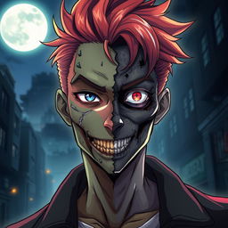 An anime man with a captivating face that is half zombie and half human