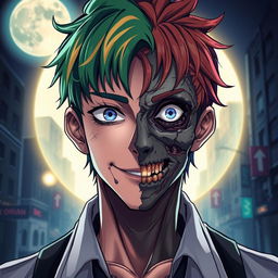 An anime man with a captivating face that is half zombie and half human