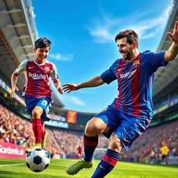 A vibrant and dynamic soccer scene featuring two talented players: Lamine Yamal, a young and promising player with a determined expression, wearing his team's jersey and dribbling the ball with agility, and Lionel Messi, the legendary soccer icon, demonstrating his exceptional skills with a smile on his face