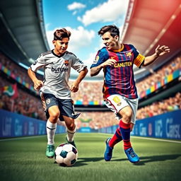 A vibrant and dynamic soccer scene featuring two talented players: Lamine Yamal, a young and promising player with a determined expression, wearing his team's jersey and dribbling the ball with agility, and Lionel Messi, the legendary soccer icon, demonstrating his exceptional skills with a smile on his face
