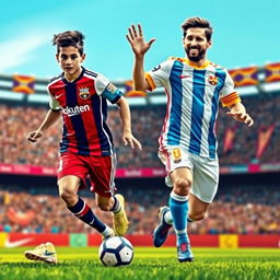 A vibrant and dynamic soccer scene featuring two talented players: Lamine Yamal, a young and promising player with a determined expression, wearing his team's jersey and dribbling the ball with agility, and Lionel Messi, the legendary soccer icon, demonstrating his exceptional skills with a smile on his face