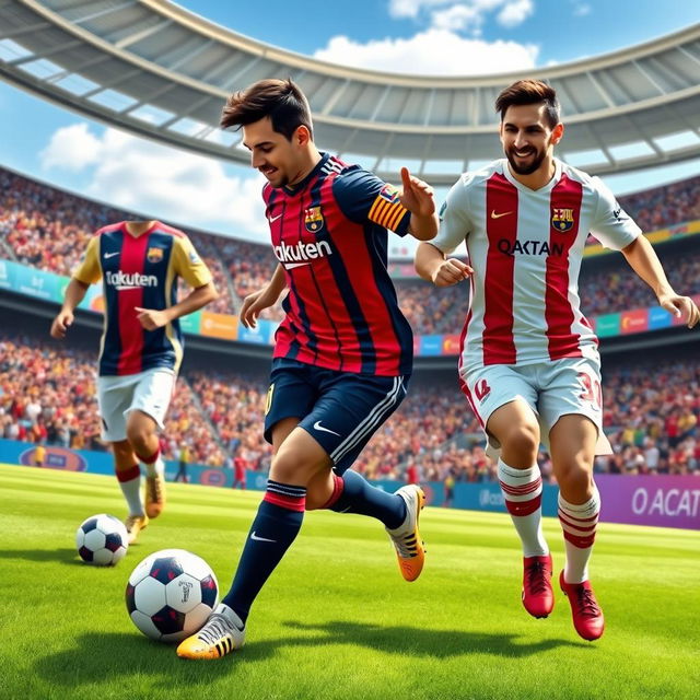 A vibrant and dynamic soccer scene featuring two talented players: Lamine Yamal, a young and promising player with a determined expression, wearing his team's jersey and dribbling the ball with agility, and Lionel Messi, the legendary soccer icon, demonstrating his exceptional skills with a smile on his face