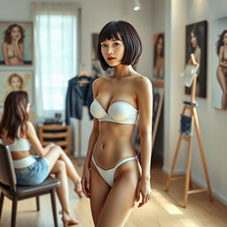 A photorealistic full-body shot of a slim Asian lady with a bobcut hairstyle and short bangs, showcasing firm, very small breasts while wearing a white bra and panties