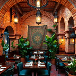 An interior restaurant design that beautifully integrates traditional styles of Iranian and Moroccan architecture