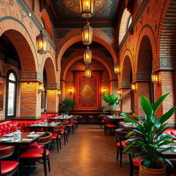 An interior restaurant design that beautifully integrates traditional styles of Iranian and Moroccan architecture