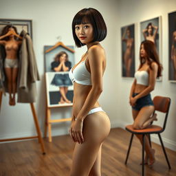 A photorealistic full-body shot of a slim Asian lady with a bobcut hairstyle and short bangs, showcasing firm, very small breasts while wearing a white bra and panties