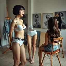 A photorealistic full-body shot of a slim Asian lady with a bobcut hairstyle and short bangs, showcasing firm, very small breasts while wearing a white bra and panties