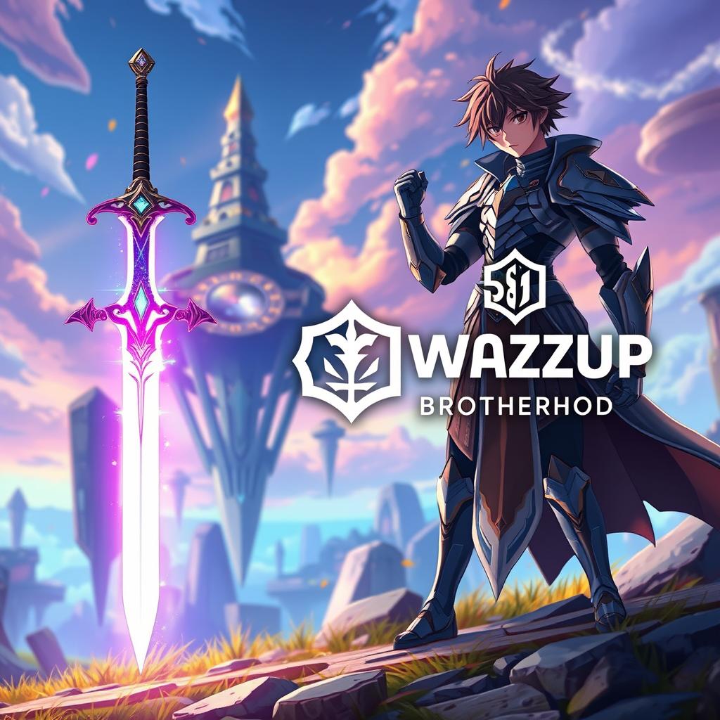 A fantasy scene featuring the iconic sword of Kirito from Sword Art Online, displayed prominently