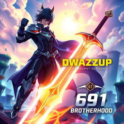 A fantasy scene featuring the iconic sword of Kirito from Sword Art Online, displayed prominently