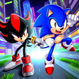 A dynamic scene featuring Shadow the Hedgehog and Sonic the Hedgehog in an action-packed environment