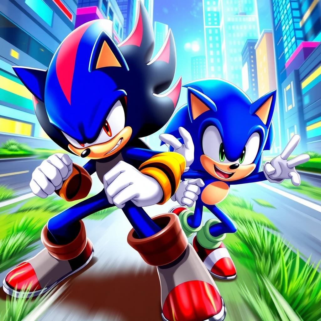 A dynamic scene featuring Shadow the Hedgehog and Sonic the Hedgehog in an action-packed environment