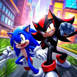 A dynamic scene featuring Shadow the Hedgehog and Sonic the Hedgehog in an action-packed environment