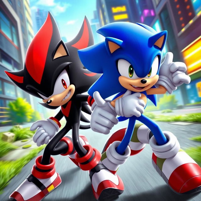 A dynamic scene featuring Shadow the Hedgehog and Sonic the Hedgehog in an action-packed environment