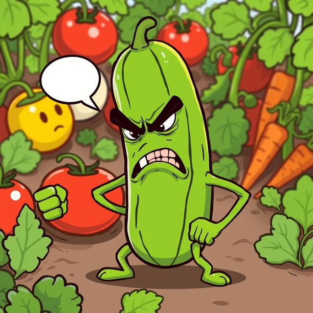 A humorous and whimsical illustration of an angry cucumber with exaggerated facial expressions, like furrowed brows and a frown