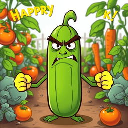 A humorous and whimsical illustration of an angry cucumber with exaggerated facial expressions, like furrowed brows and a frown