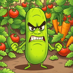 A humorous and whimsical illustration of an angry cucumber with exaggerated facial expressions, like furrowed brows and a frown