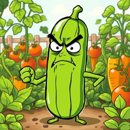 A humorous and whimsical illustration of an angry cucumber with exaggerated facial expressions, like furrowed brows and a frown