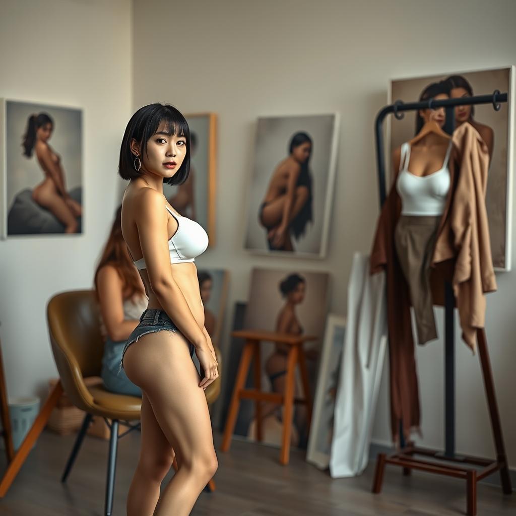 A photorealistic full-body shot of a slim Asian lady with a bobcut hairstyle and short bangs, showcasing her firm, very small breasts while wearing a white bra and panties