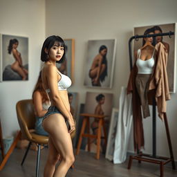 A photorealistic full-body shot of a slim Asian lady with a bobcut hairstyle and short bangs, showcasing her firm, very small breasts while wearing a white bra and panties