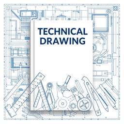 A captivating book cover design for a technical drawing manual, featuring an intricate architectural blueprint as the background