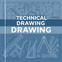 A captivating book cover design for a technical drawing manual, featuring an intricate architectural blueprint as the background