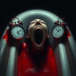 A haunting digital art piece that offers a surreal representation of a person lying in a bathtub, head resting on the edge, with their mouth open in a piercing scream or cry