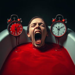 A haunting digital art piece that offers a surreal representation of a person lying in a bathtub, head resting on the edge, with their mouth open in a piercing scream or cry