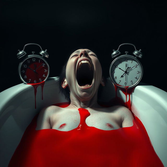 A haunting digital art piece that offers a surreal representation of a person lying in a bathtub, head resting on the edge, with their mouth open in a piercing scream or cry