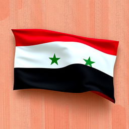 A vibrant and detailed representation of Syria's flag, displaying its three horizontal stripes of red, white, and black with two green stars in the center of the white stripe, against a textured background that highlights the colors and symbols of the flag