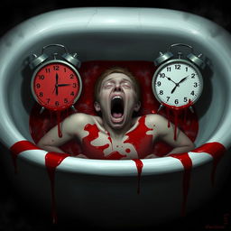 A surreal digital art piece depicting a person lying in a bathtub filled with blood