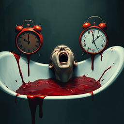 A surreal digital art piece depicting a person lying in a bathtub filled with blood