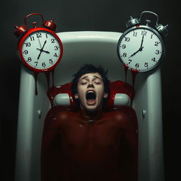 A surreal digital art piece depicting a person lying in a bathtub filled with blood