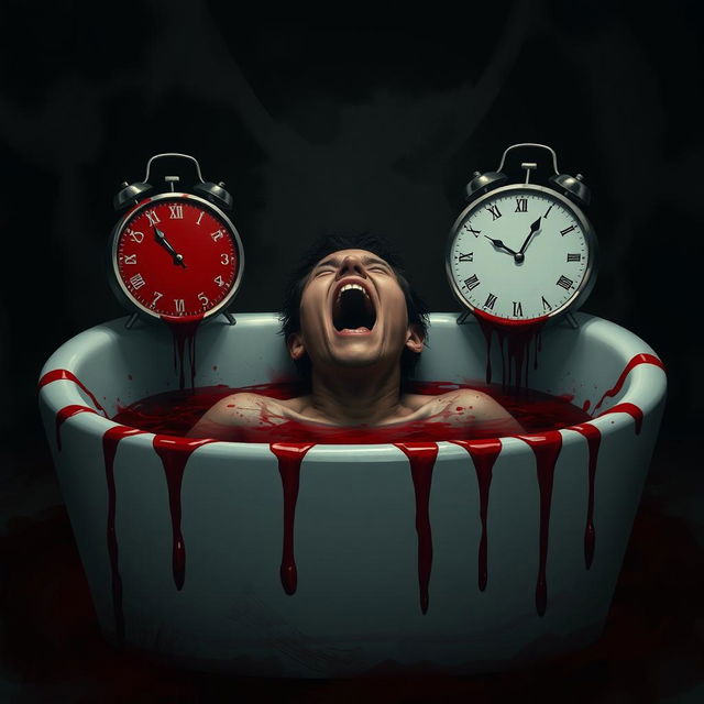 A surreal digital art piece depicting a person lying in a bathtub filled with blood