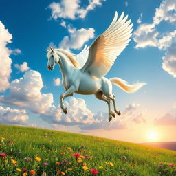 A majestic Pegasus soaring gracefully through a bright blue sky filled with fluffy white clouds