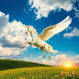 A majestic Pegasus soaring gracefully through a bright blue sky filled with fluffy white clouds