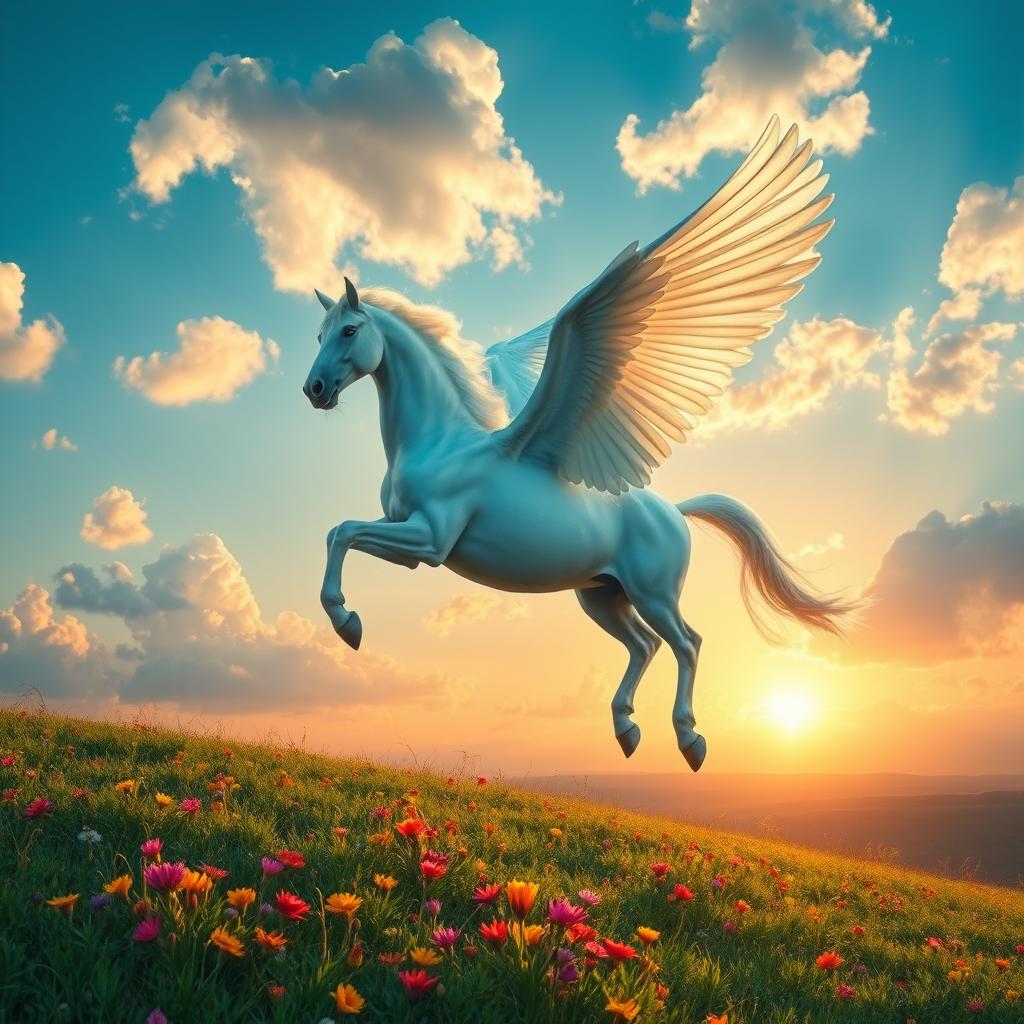 A majestic Pegasus soaring gracefully through a bright blue sky filled with fluffy white clouds