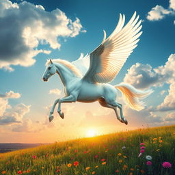 A majestic Pegasus soaring gracefully through a bright blue sky filled with fluffy white clouds